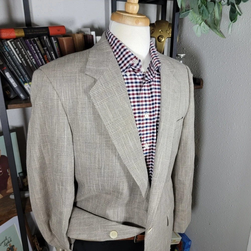 VTG Haggar Imperial Men's Sport Coat Blazer Two Button Gray‎ Beige Plaid 44L